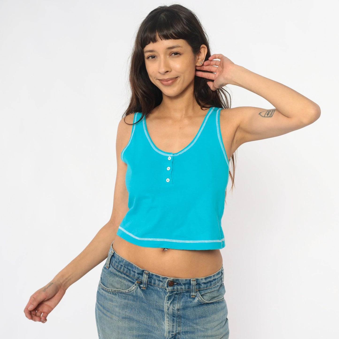90s Turquoise Crop Tank Top Henley Racerback Cotton Fitted Small S