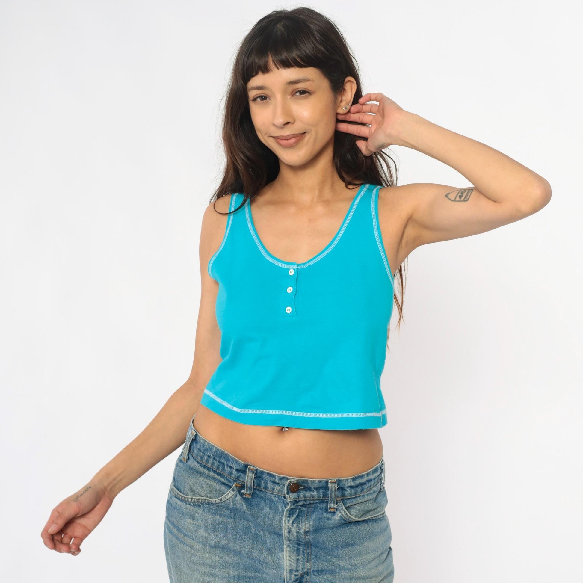 90s Turquoise Crop Tank Top Henley Racerback Cotton Fitted Small S