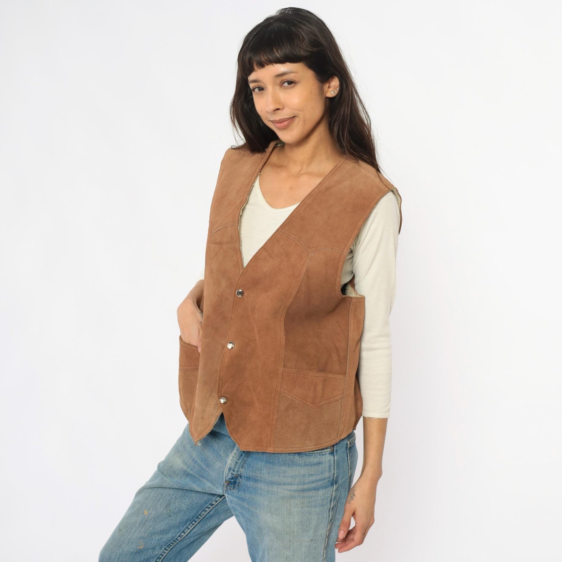 80s Brown Suede Vest Shearling Lined Snap Button Western Waistcoat Large L