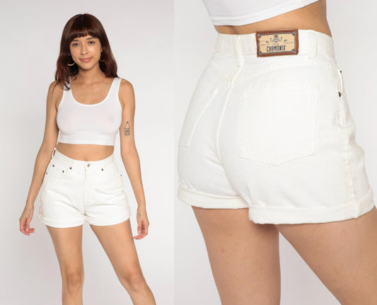 90s Chamonix White Denim Shorts High Waisted Button Fly Small S