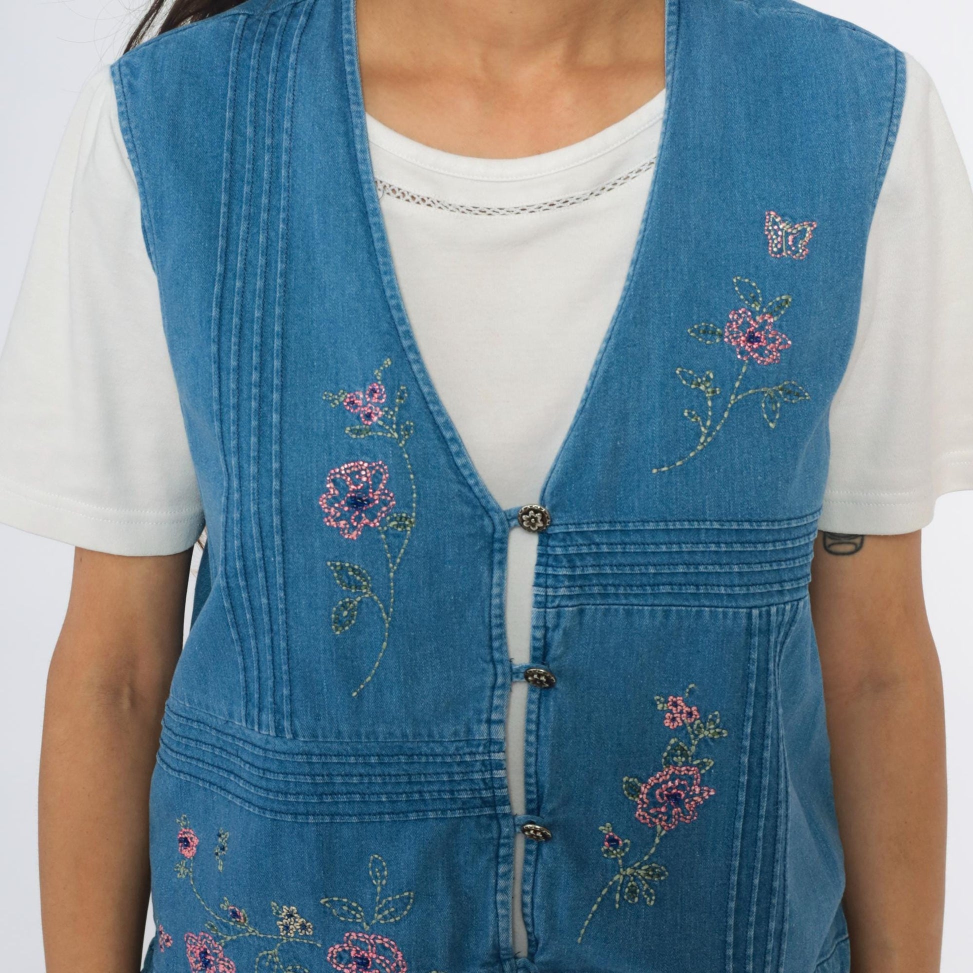 90s Blue Denim Vest Embroidered Floral Button Front Pintuck Small S