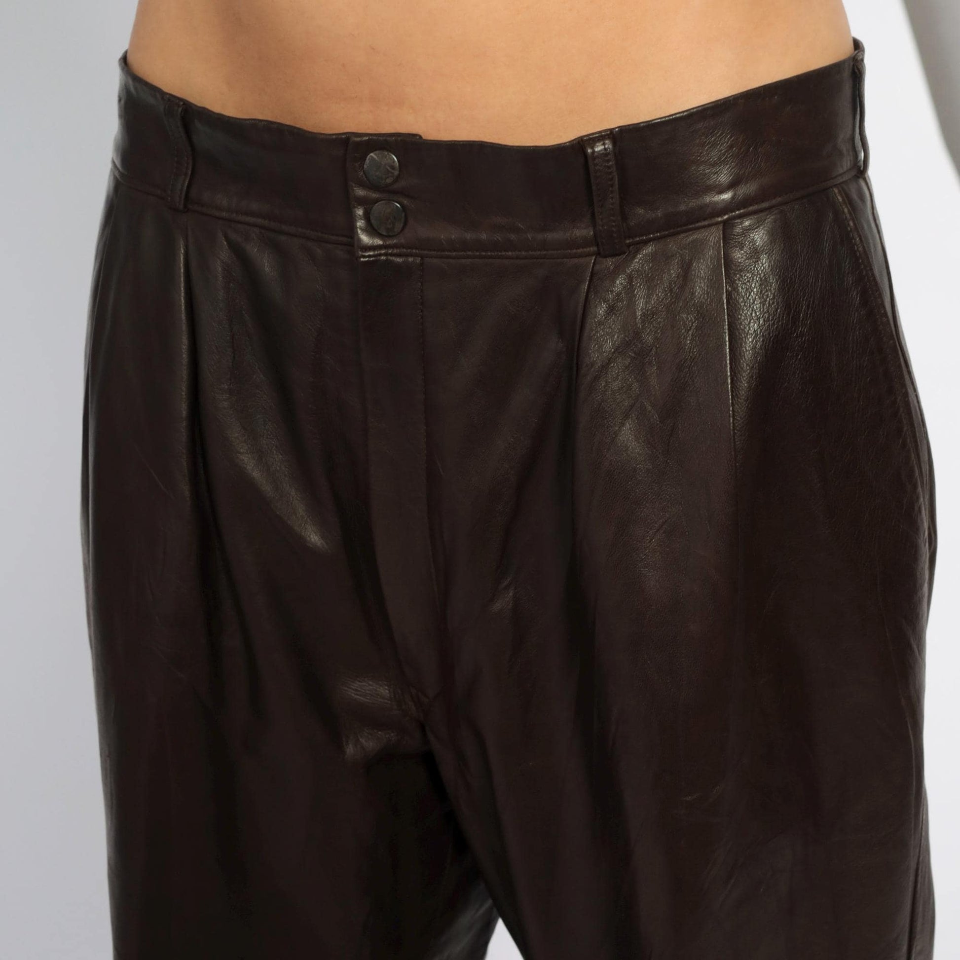 90s Sara Edan Leather Pants Brown High Rise Wide Leg Pleated 36x28