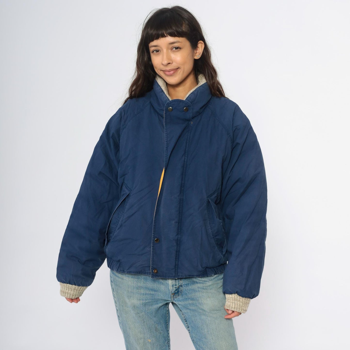 90s John Ashford Navy Bomber Jacket Down Fill Sherpa Collar Yellow Lining Large L