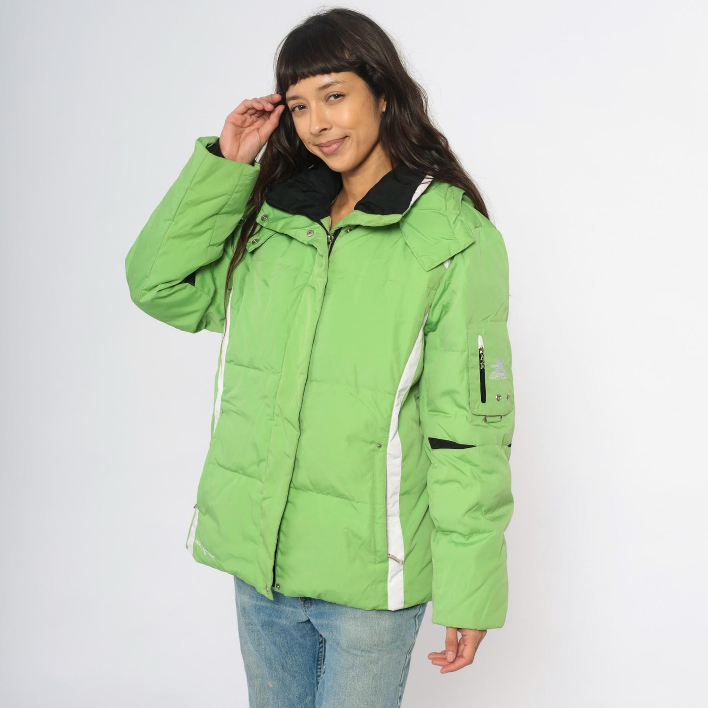Y2K Zero Xposur Lime Green Colorblock Ski Jacket Hooded Puffer Extra Large