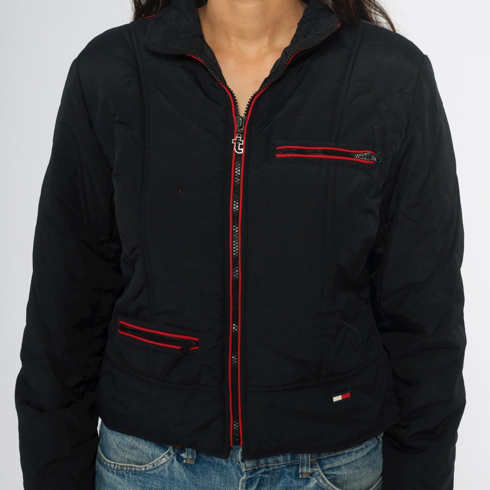 Y2K Tommy Jeans Rainbow Stripe Puffer Jacket Black Cropped Bomber Extra Small XS