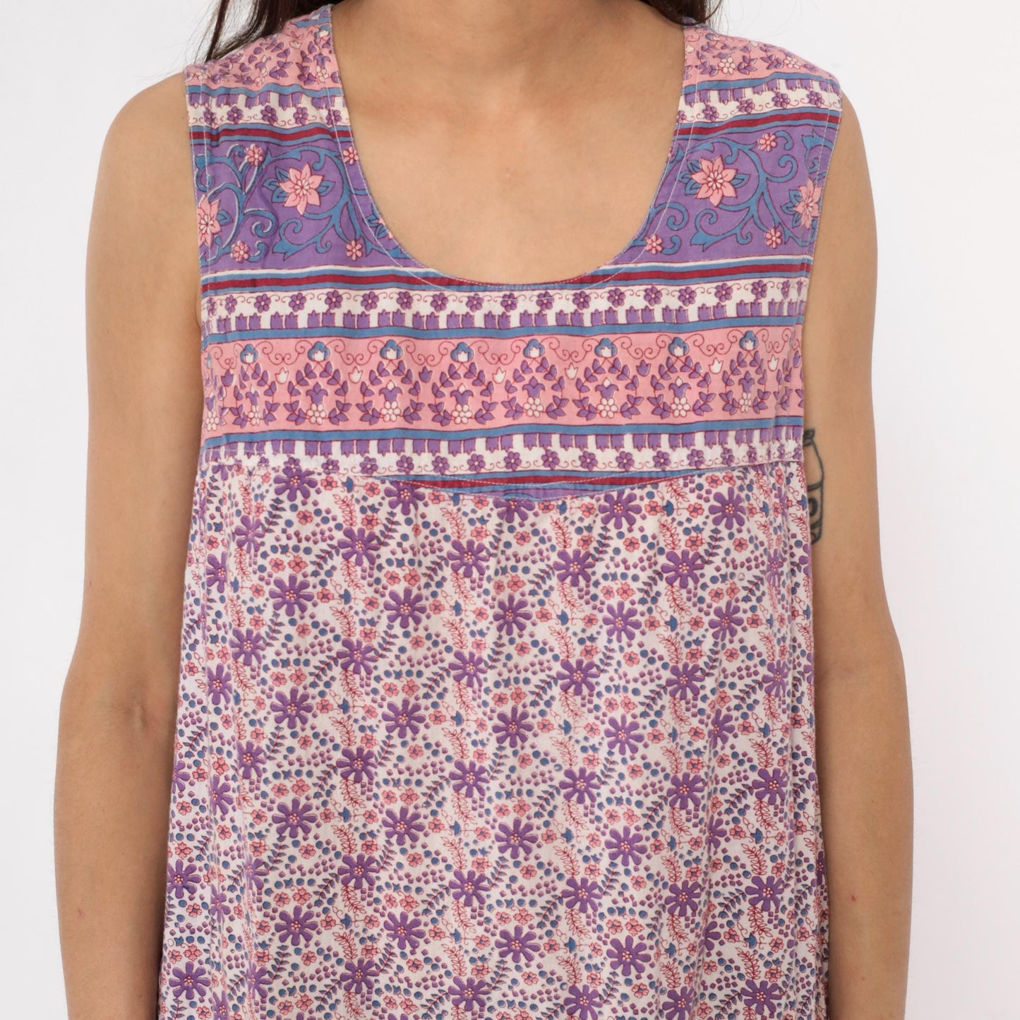 90s La Cera Floral Cotton Maxi Dress Purple Pink Scoop Neck Extra Large XXL