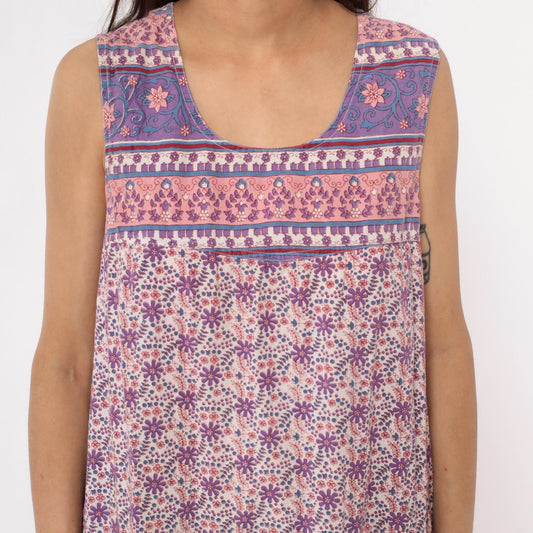 90s La Cera Floral Cotton Maxi Dress Purple Pink Scoop Neck Extra Large XXL