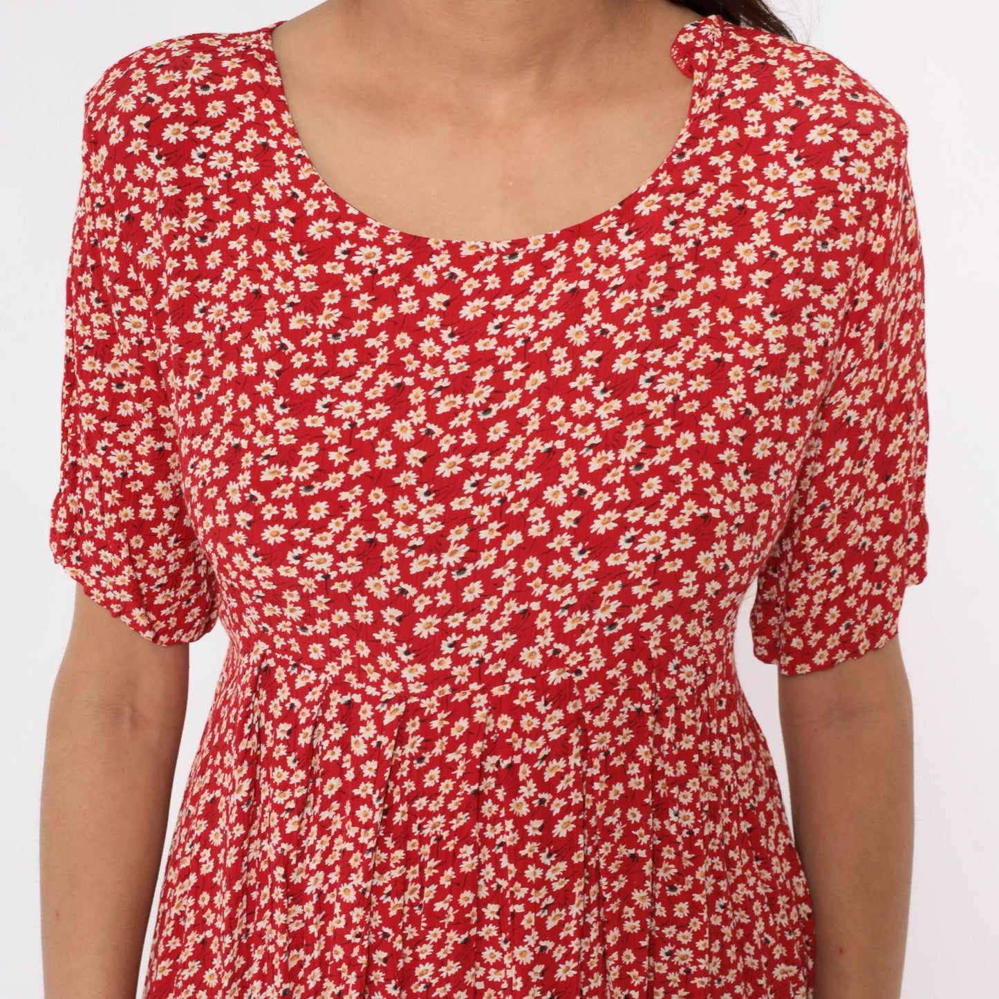90s Red Daisy Mini Dress Rayon A-Line Scoop Neck Short Sleeve Medium M