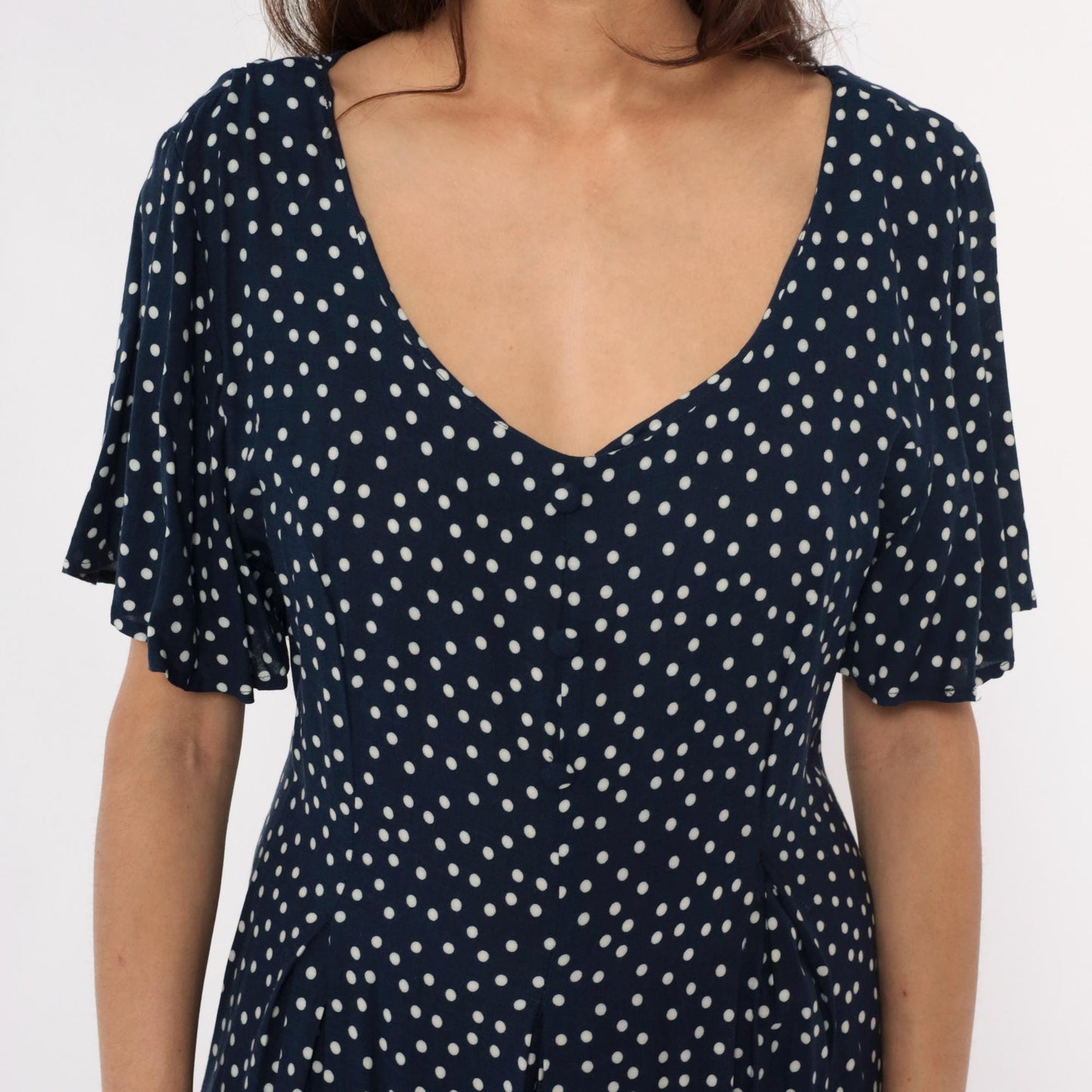 90s Navy Polka Dot Jumpsuit Wide Leg Rayon V-Neck Flutter Sleeve Large L