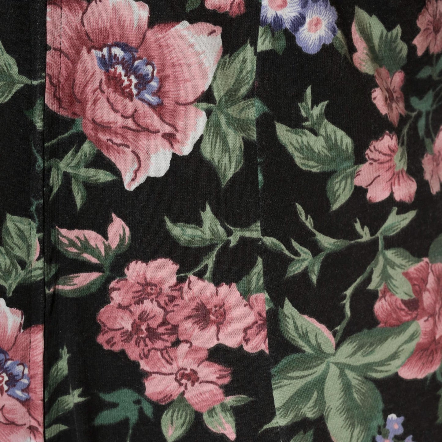 90s Floral Knee-Length Dress Black Pink Roses Blue Flowers Large L