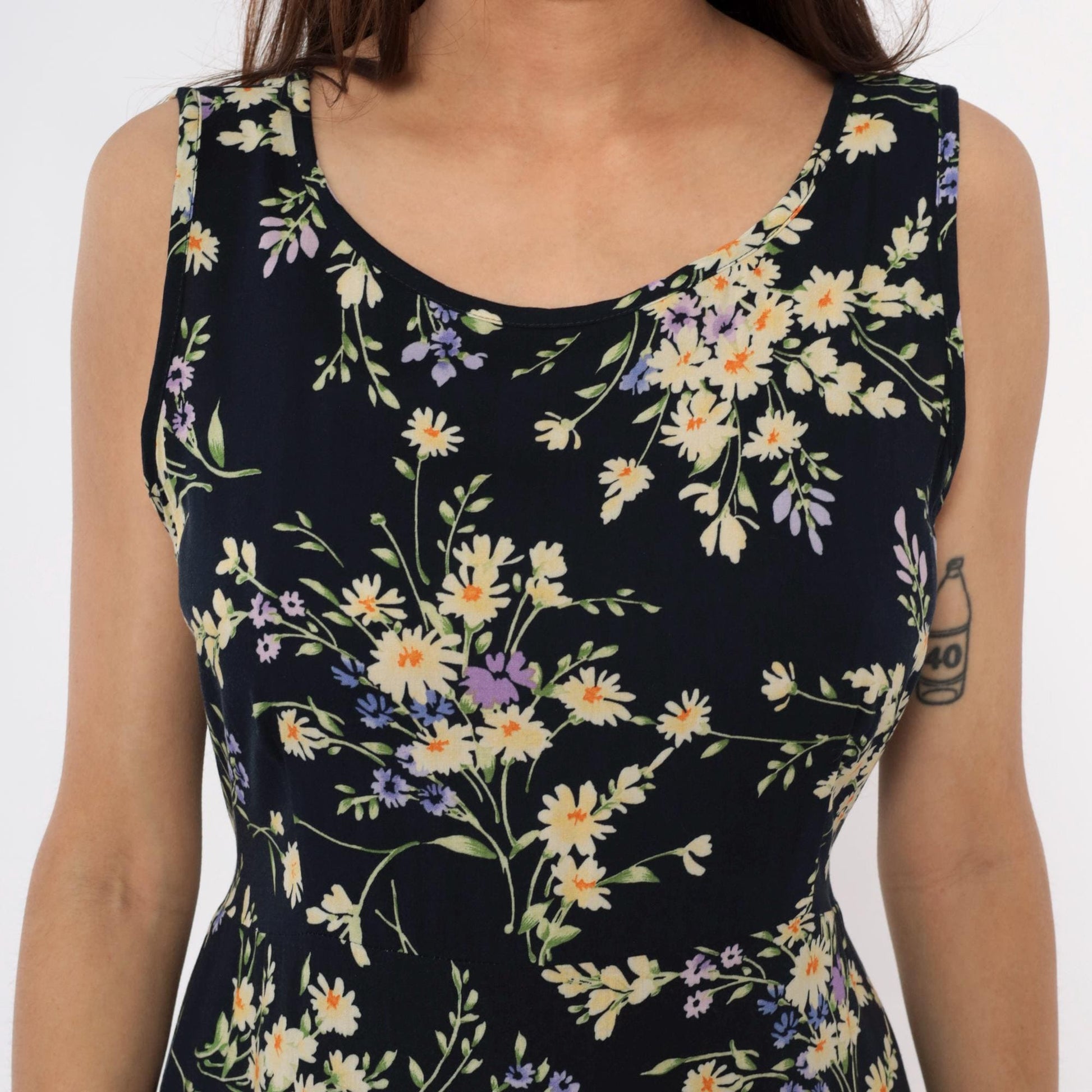90s California Concepts Floral Maxi Dress Black Yellow Purple Daisy Sleeveless Large