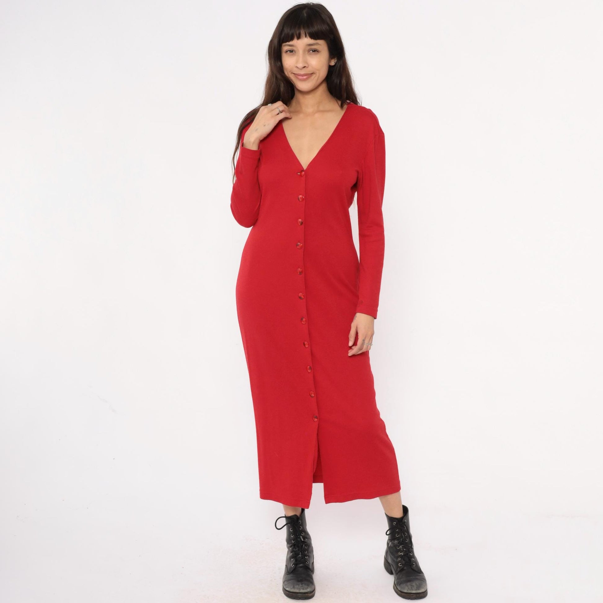 90s Moda Intl Black Maxi Dress Red Yoke Gold Buttons Medium