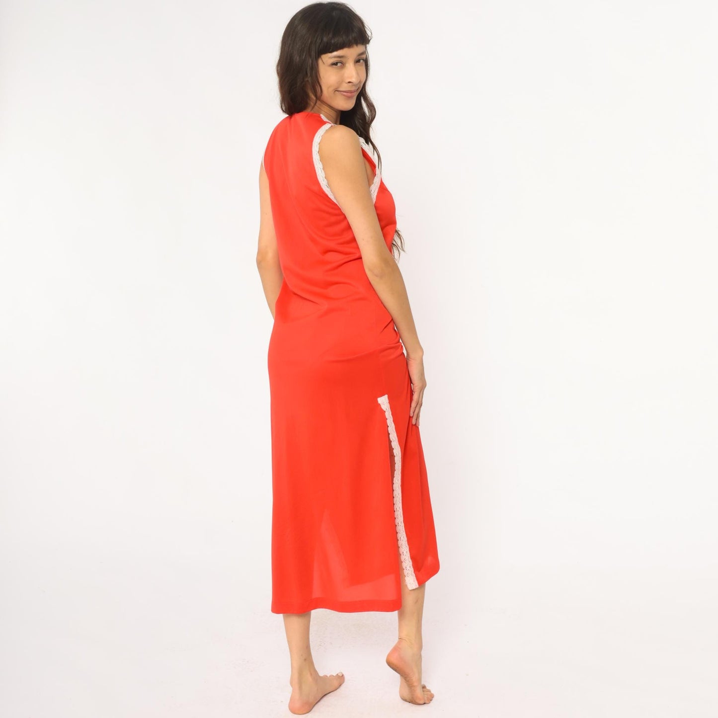 70s Coral Maxi Slip Dress Lace-Up Corset Front White Lace Trim Small