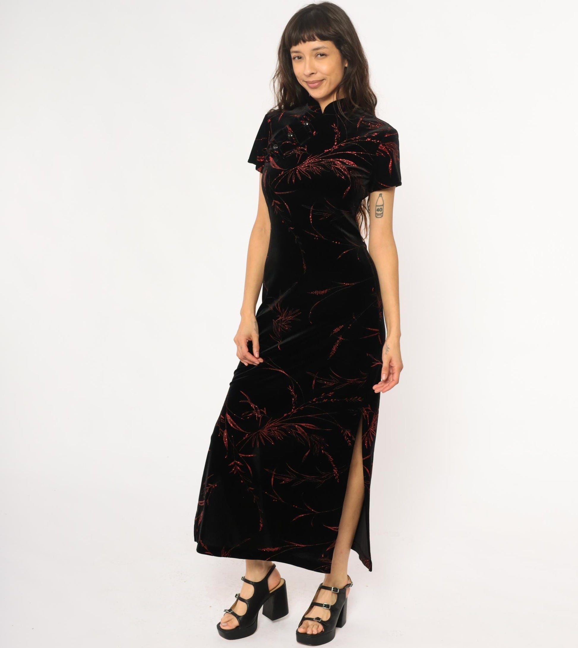 Y2K Black Velvet Maxi Dress Red Floral Cheongsam Mandarin Collar Small S
