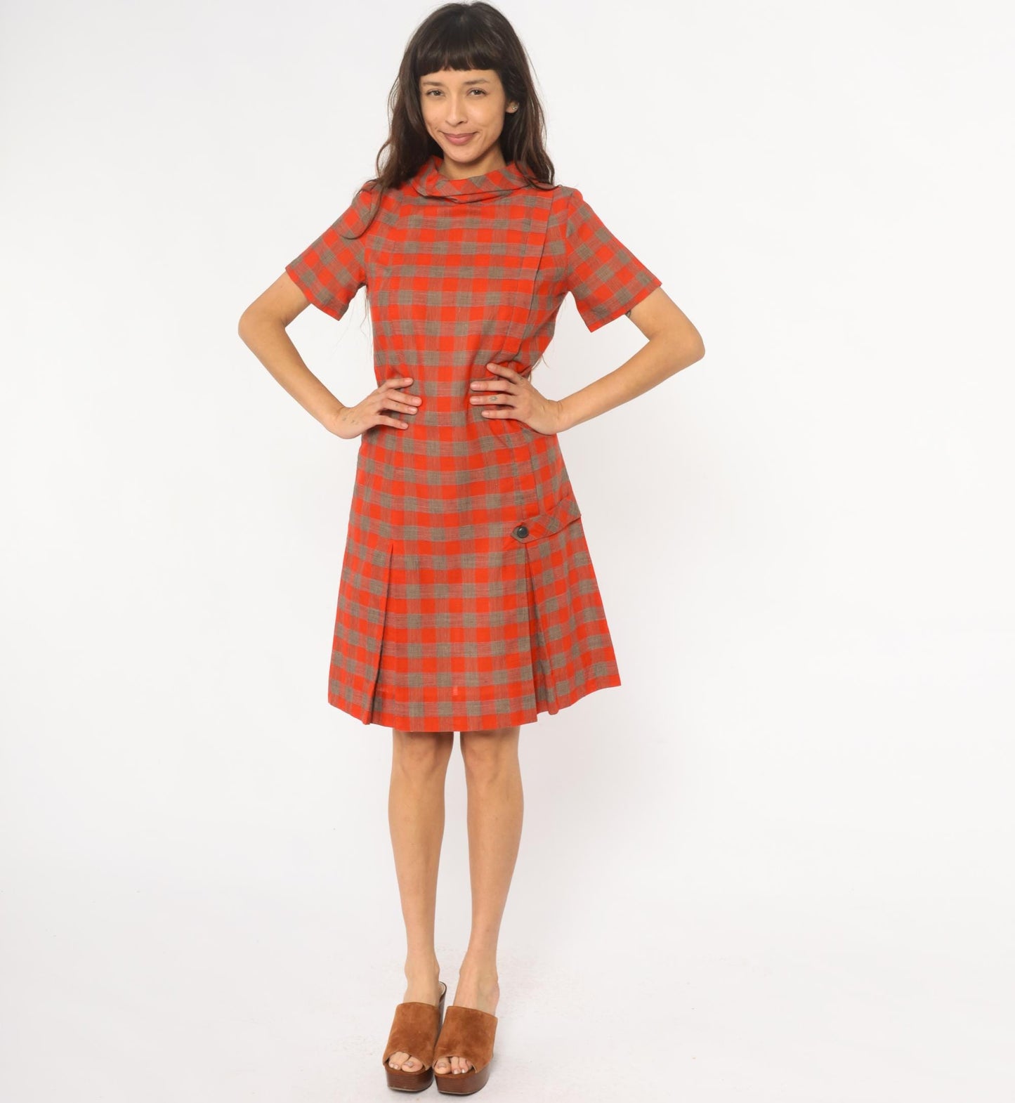 60s Orange Brown Plaid Shift Dress Drop Waist Pointed Collar Small