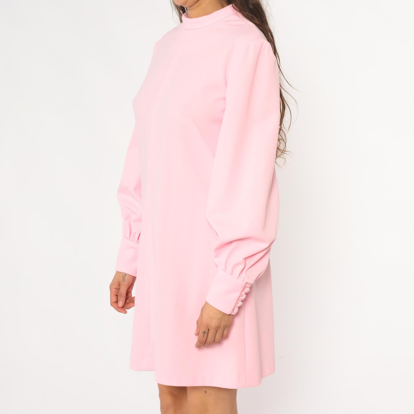70s Pink Mini Dress Mock Neck Long Sleeve Shift A-Line Puff Sleeve Large L