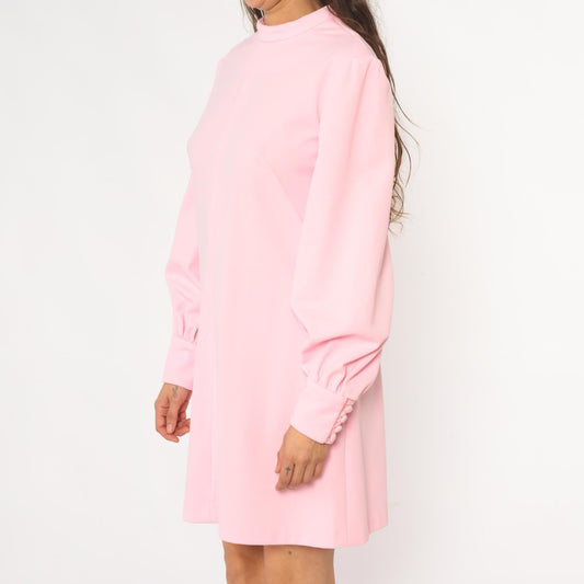 70s Pink Mini Dress Mock Neck Long Sleeve Shift A-Line Puff Sleeve Large L