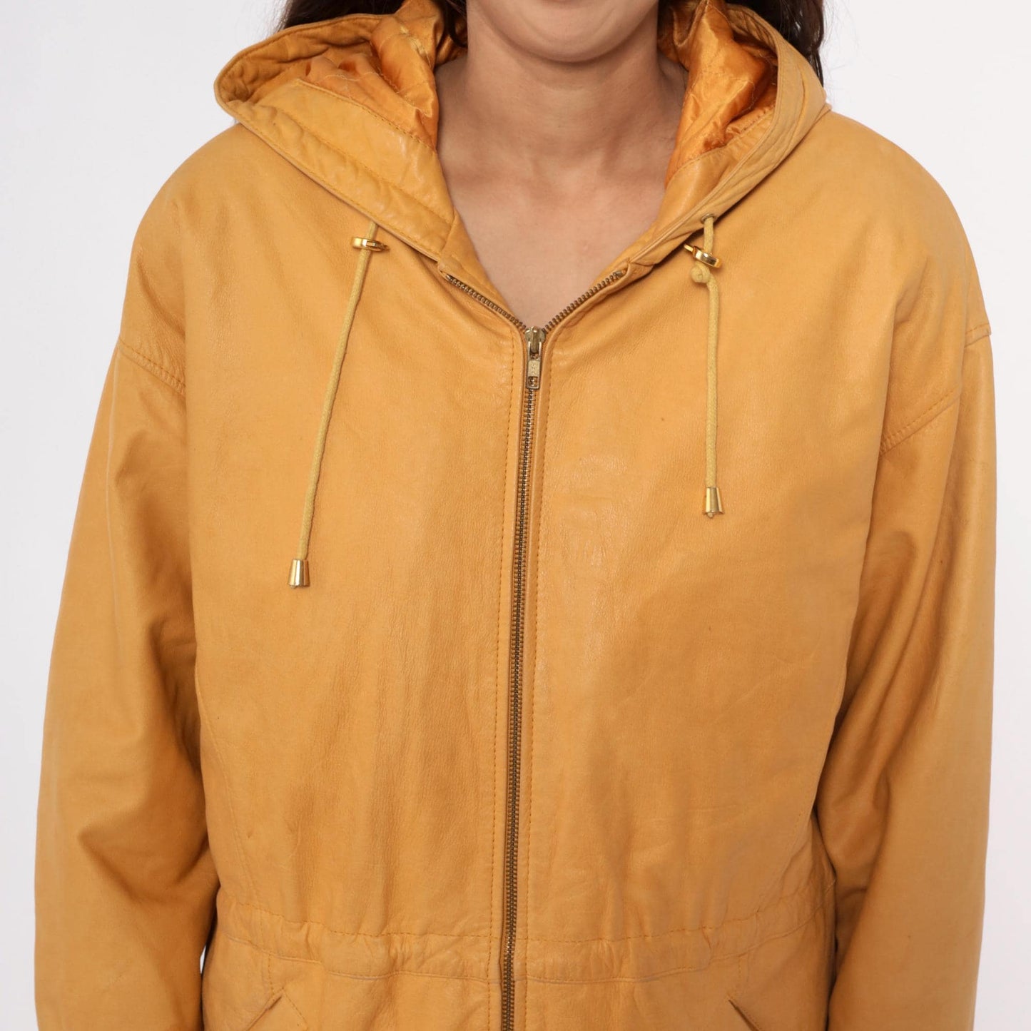 90s Wilsons Leather Hooded Jacket Mustard Yellow Zip Parka Medium M