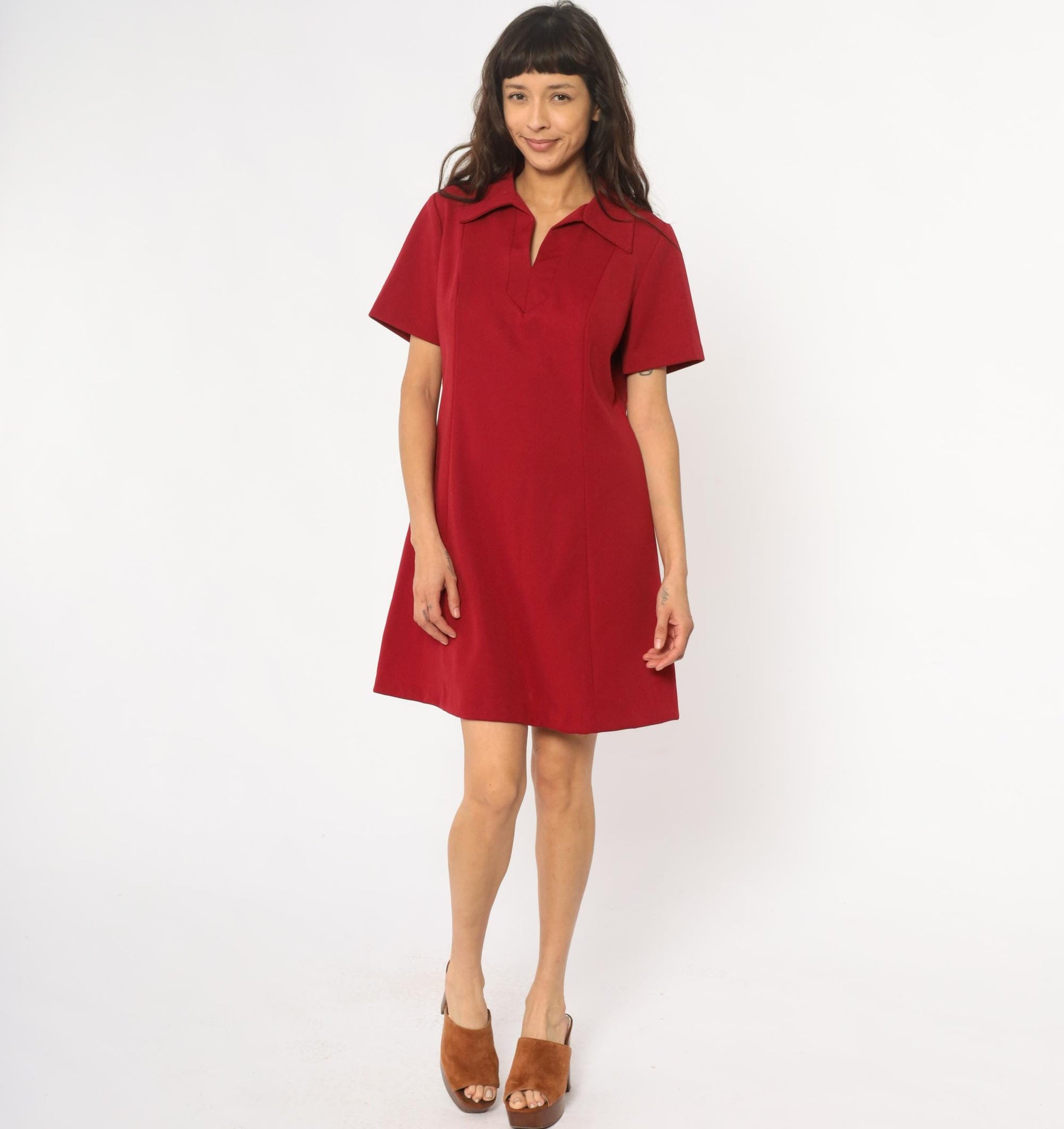 70s Lorac Burgundy Polo Shift Dress Knee-Length Short Sleeve Large L