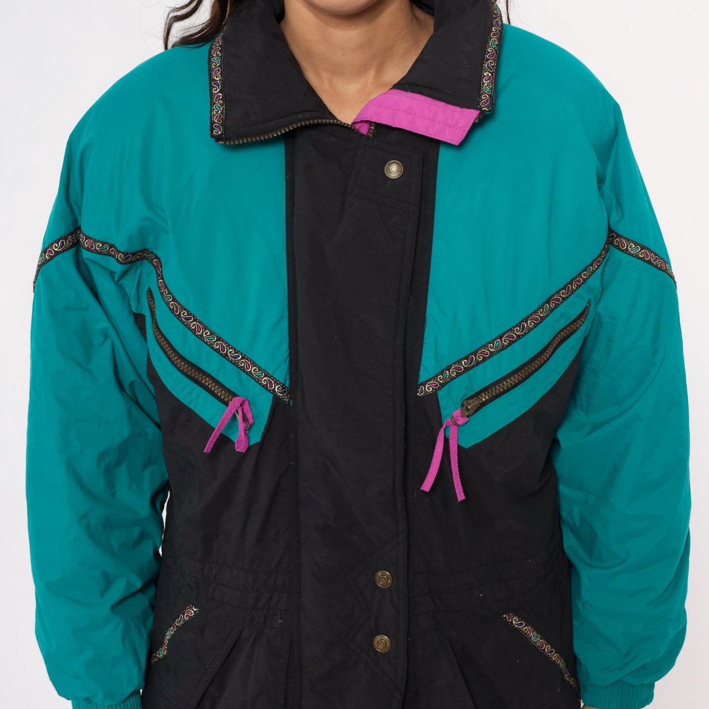 90s Colorblock Ski Jacket Teal Black Puffer Pink Zippers Small S