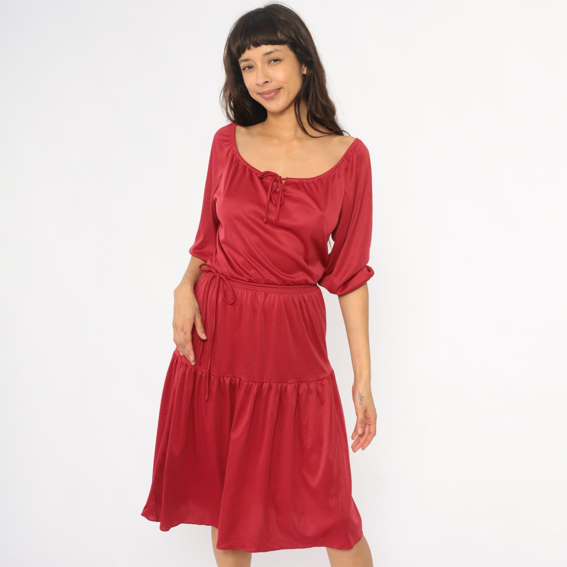 70s Cranberry Red Midi Dress Prairie Peasant Tiered Ruffle Drawstring Small Medium
