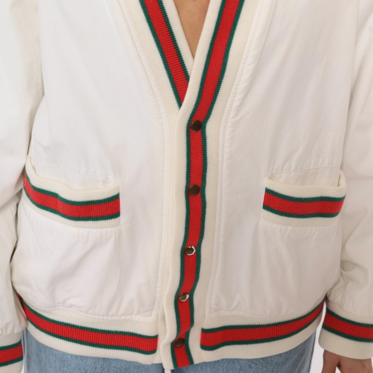 80s Cream Cardigan Red Green Striped Ribbed Trim Cotton Preppy Medium