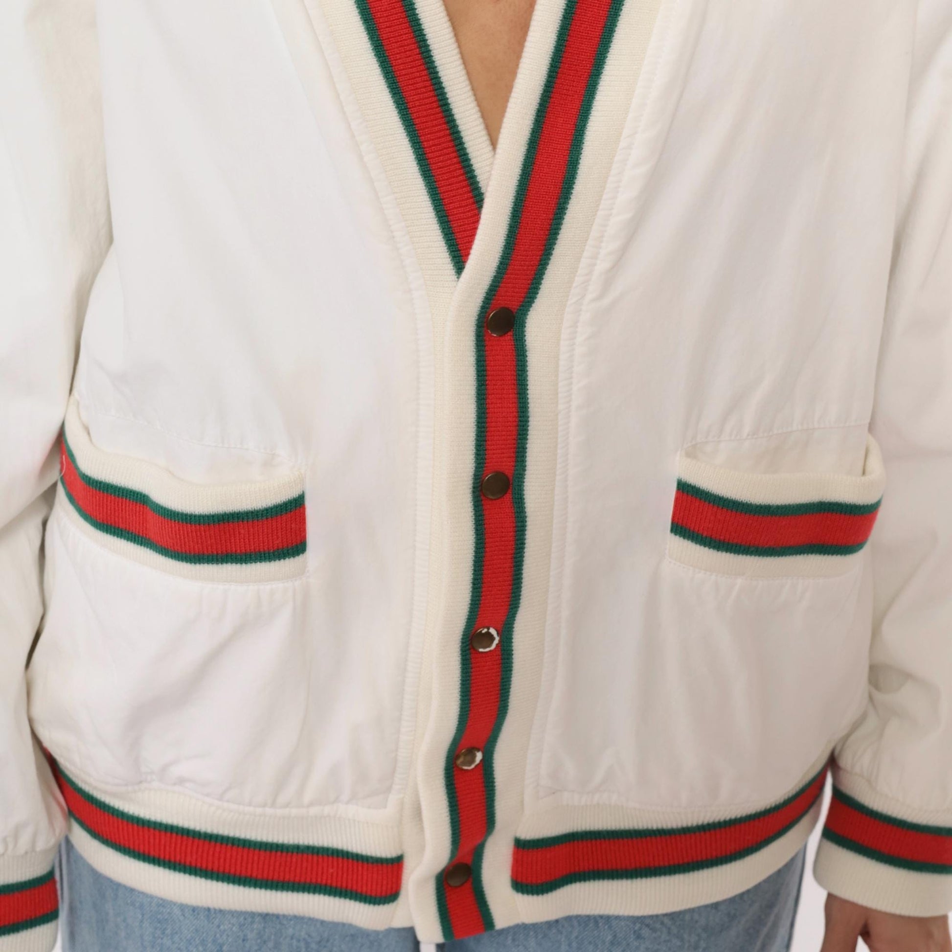 80s Cream Cardigan Red Green Striped Ribbed Trim Cotton Preppy Medium