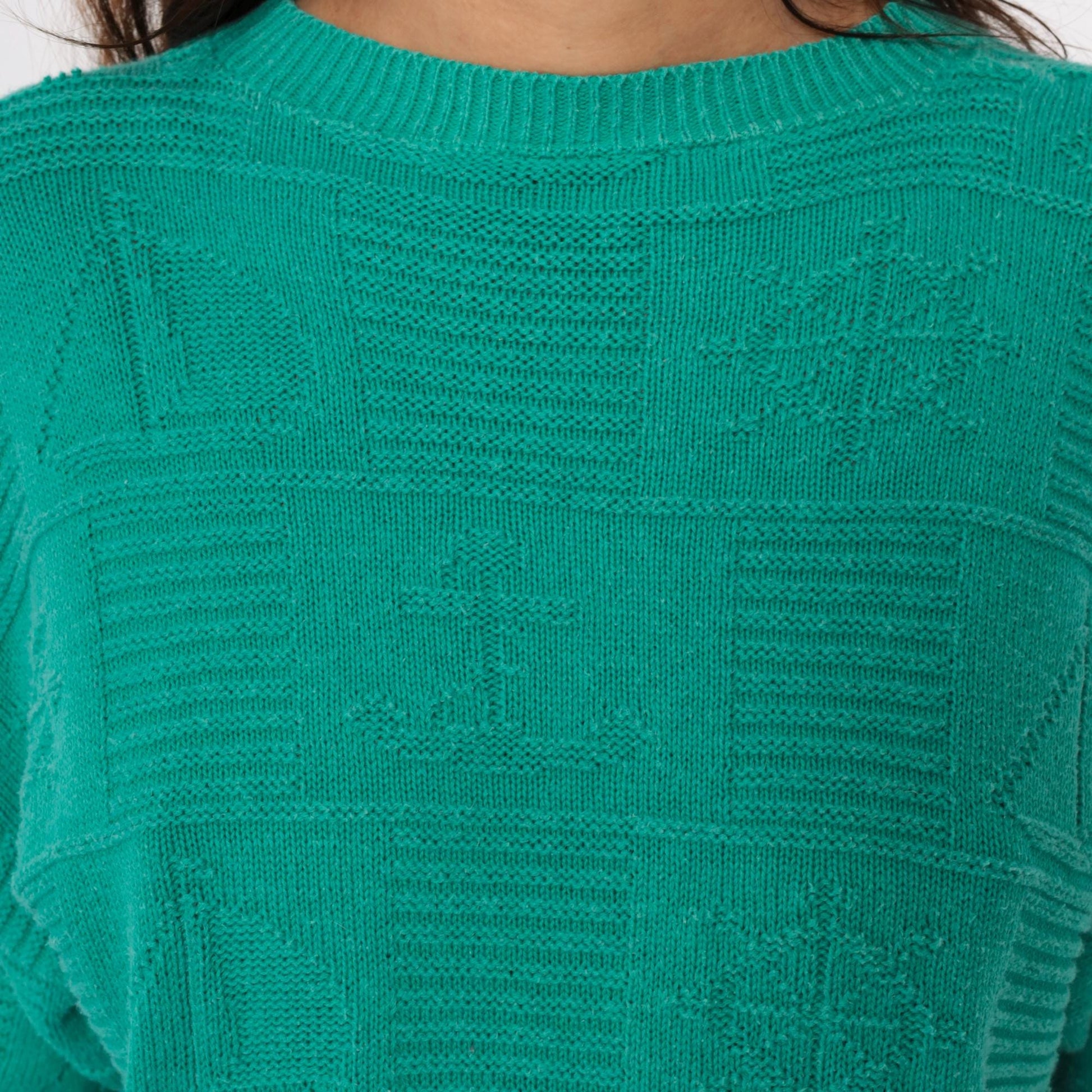 80s Turquoise Knit Sweater Short Sleeve Crew Neck Geometric Pattern Large L