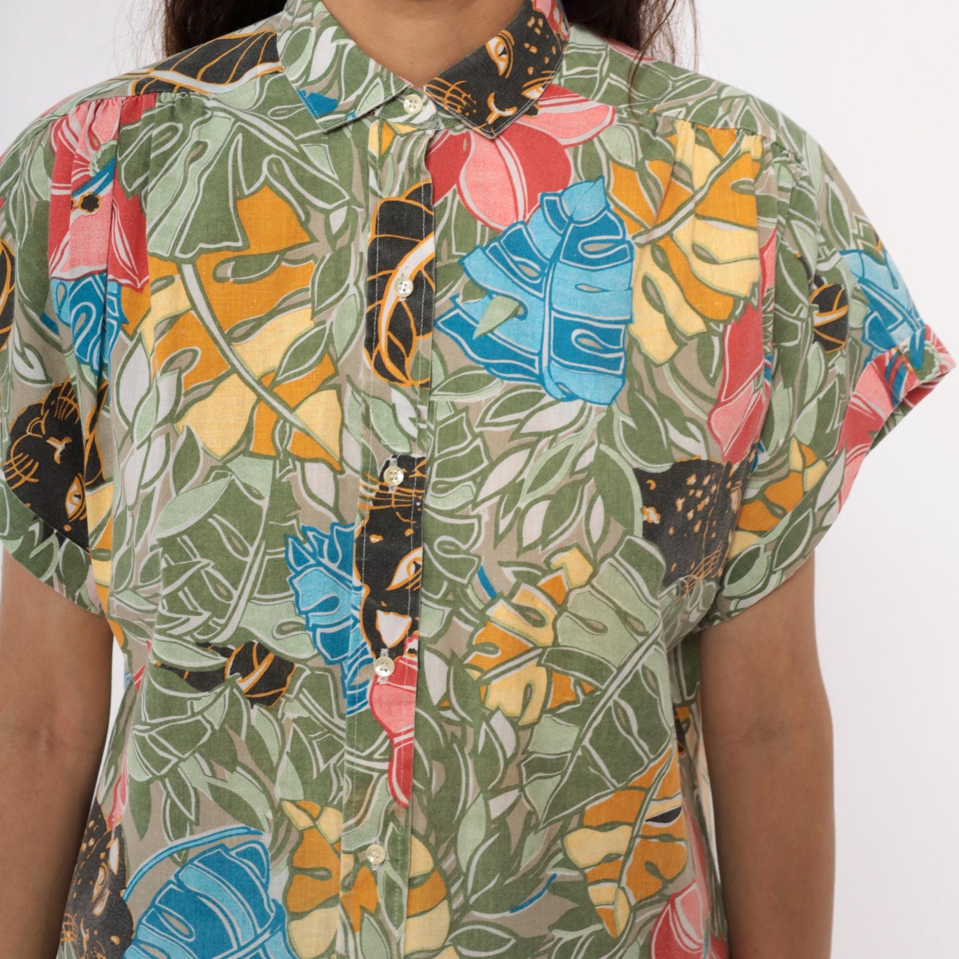 90s Black Panther Tropical Print Button-Up Shirt Monstera Leaf Multicolor Large L
