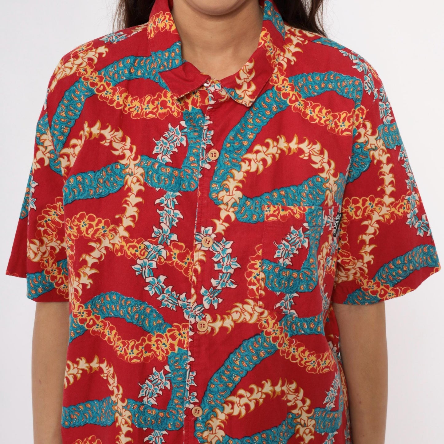90s Hawaiian Shirt Red Lei Print Camp Collar Cotton Mens Extra Large XL