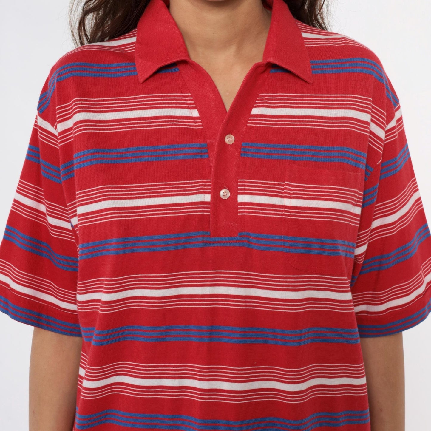 80s Red Striped Polo Shirt White Blue Horizontal Stripes Collared Extra Large XL