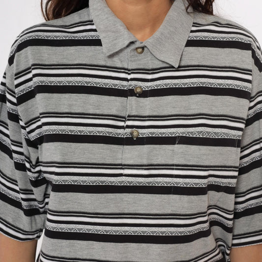 90s Classic by Palmland Striped Polo Shirt Grey Black White Extra Large XL