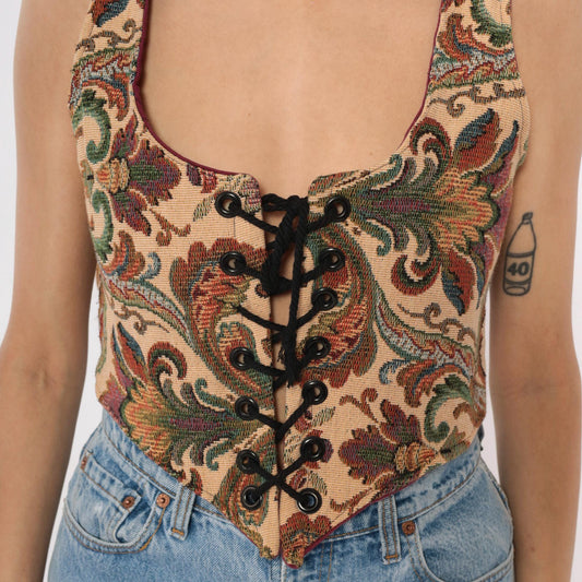 90s B Coole Designs Tapestry Lace-Up Vest Paisley Green Beige Small