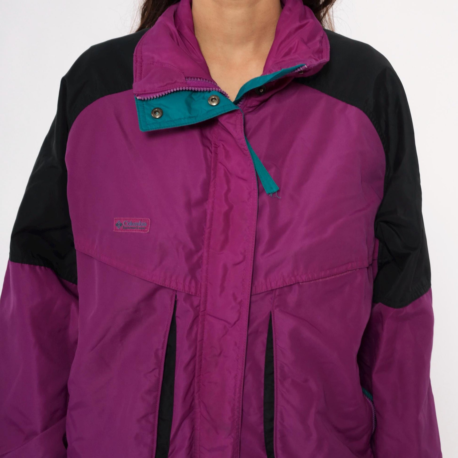 90s Columbia Magenta Windbreaker Colorblock Jacket Teal Trim Large L