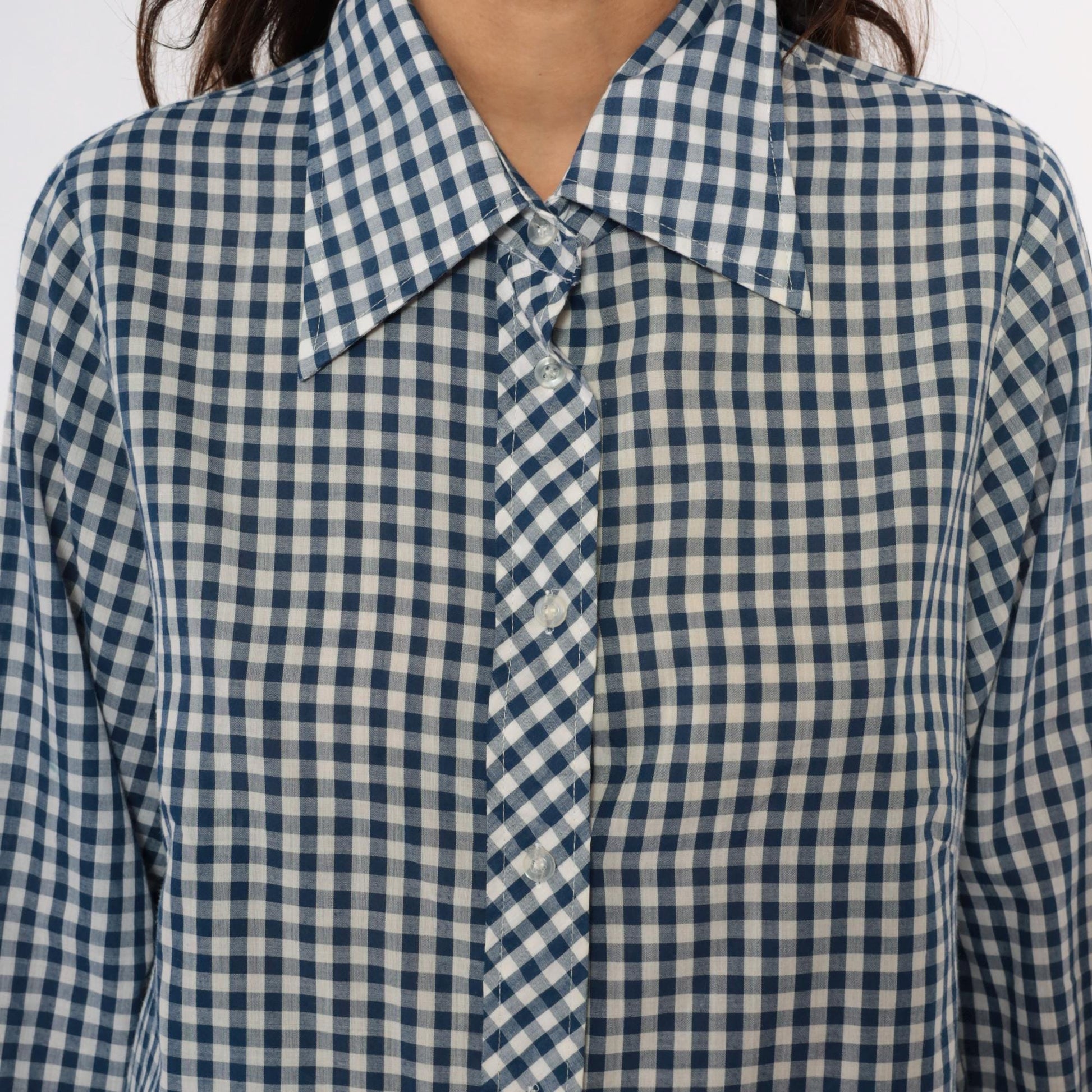 80s Lane Bryant Navy Gingham Check Button-Up Blouse Peter Pan Collar Plus Size XXL