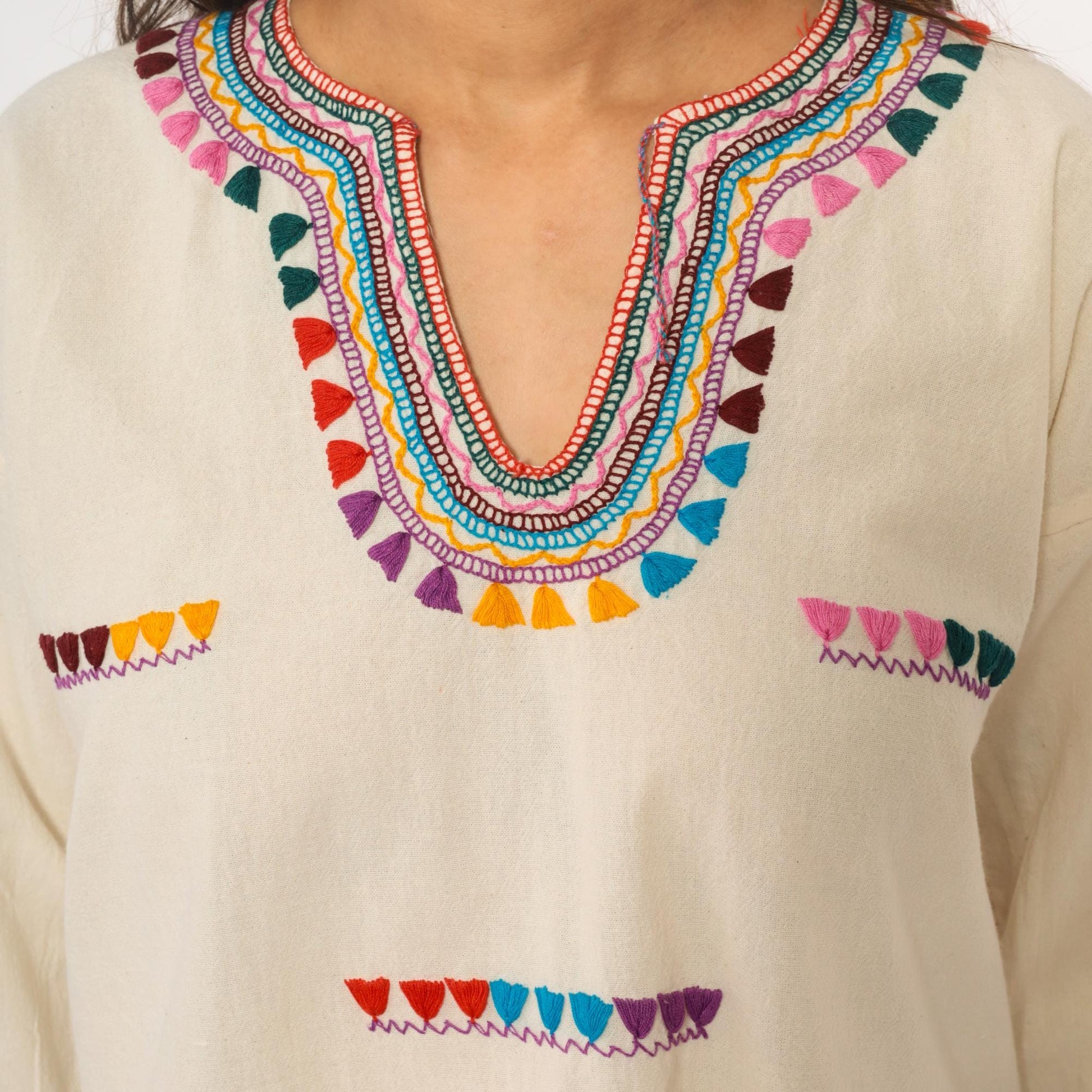 70s Embroidered Mexican Cotton Tunic Blouse Cream Multicolor Medium M