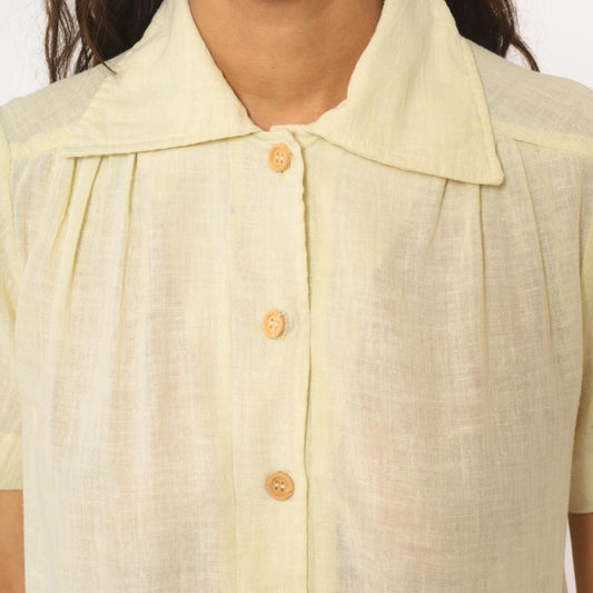 70s Pale Yellow Collared Shirt Pintuck Pleated Camp Blouse Medium M