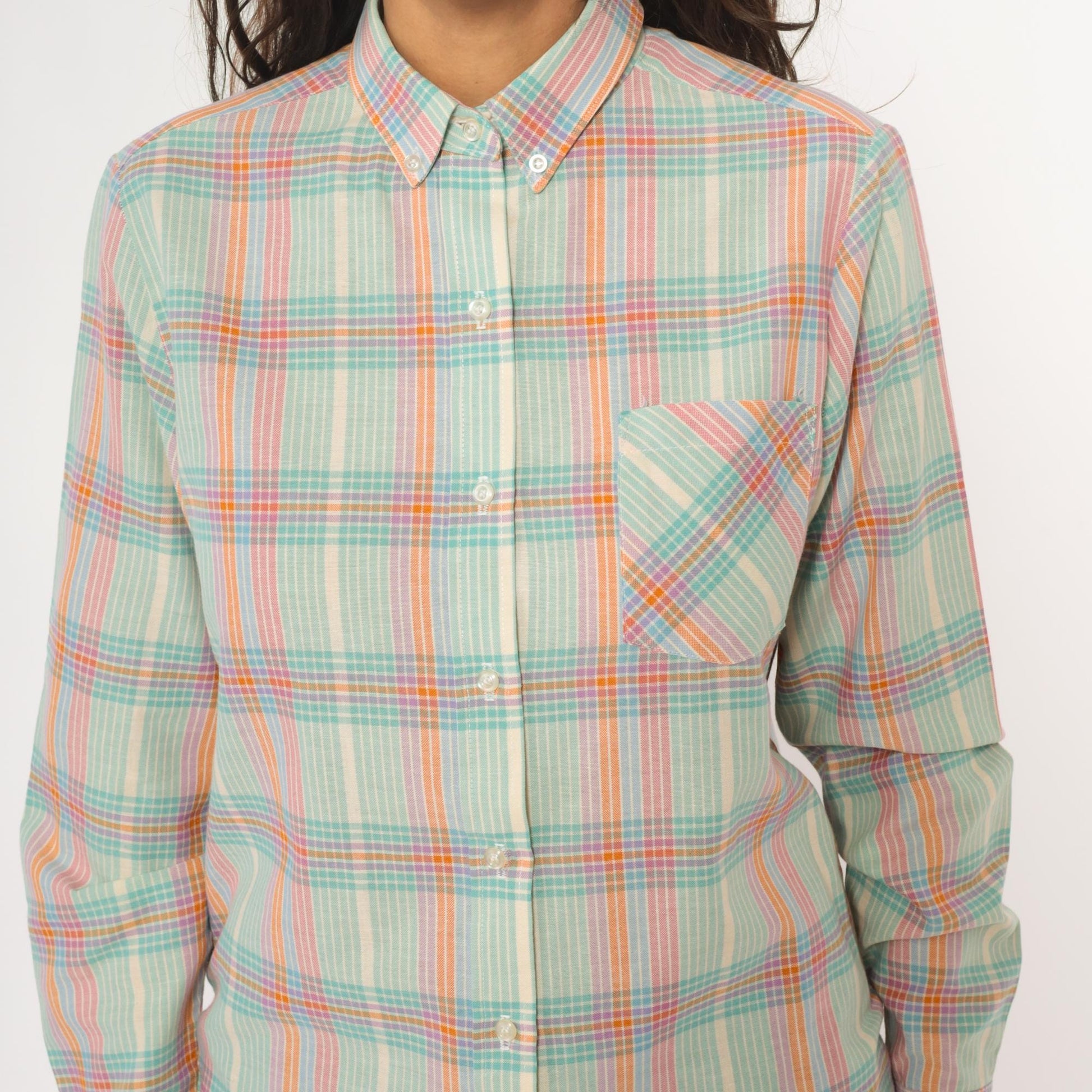 90s Pastel Plaid Button-Down Shirt Long Sleeve Collared Medium M
