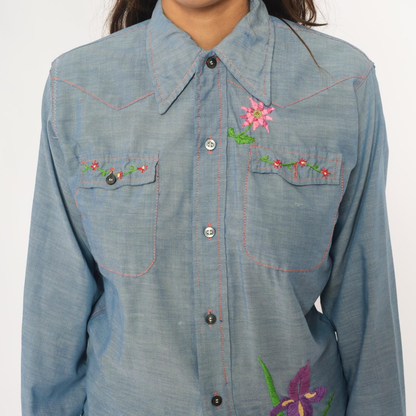 70s Chambray Western Shirt Floral Embroidered Iris Purple Pink Blue Medium