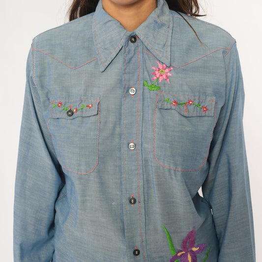 70s Chambray Western Shirt Floral Embroidered Iris Purple Pink Blue Medium