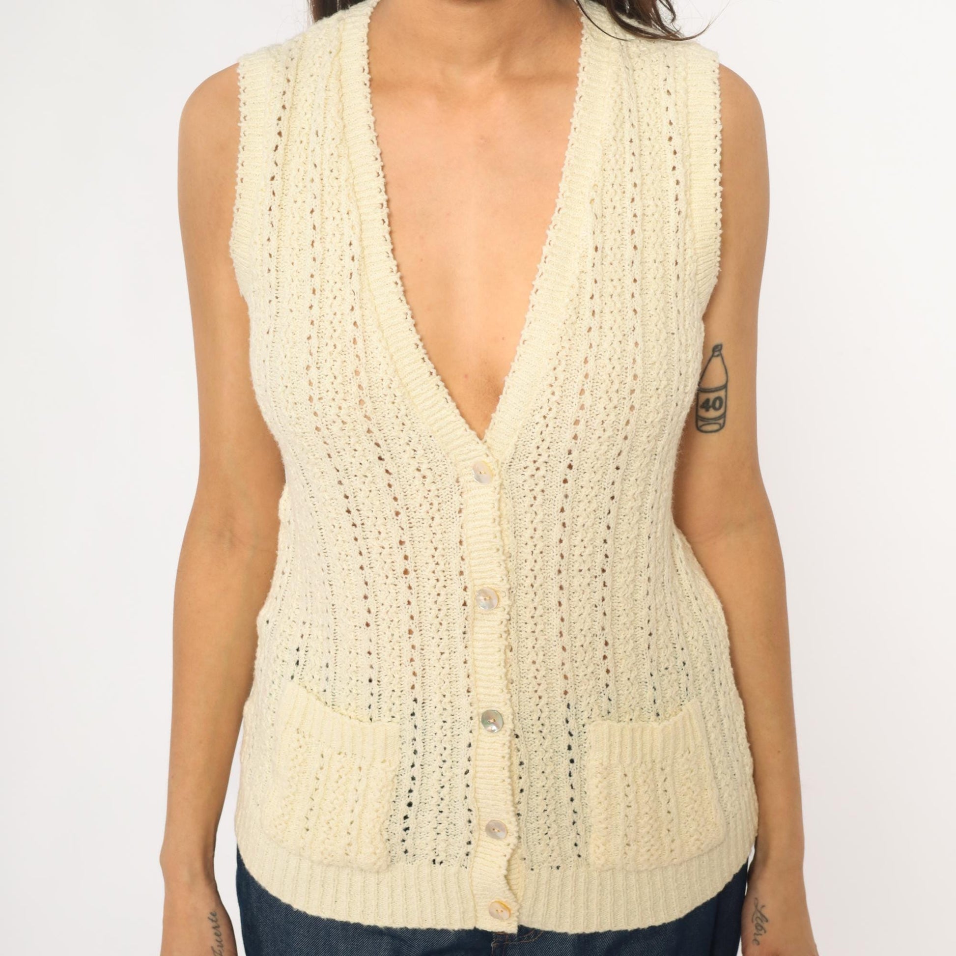 70s Cream Crochet Vest Pointelle Knit Sleeveless Cardigan Small S