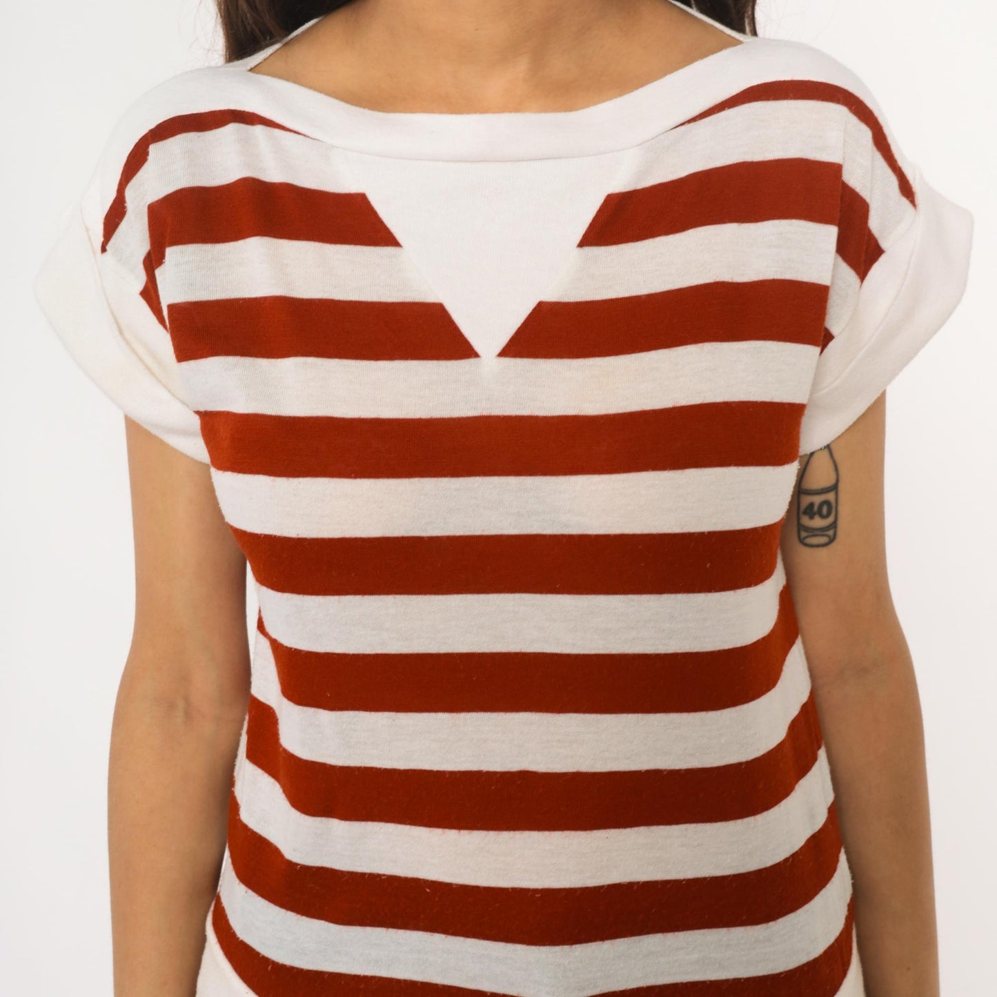 80s Rust & White Striped Boat Neck Tee Cotton Short Sleeve Small