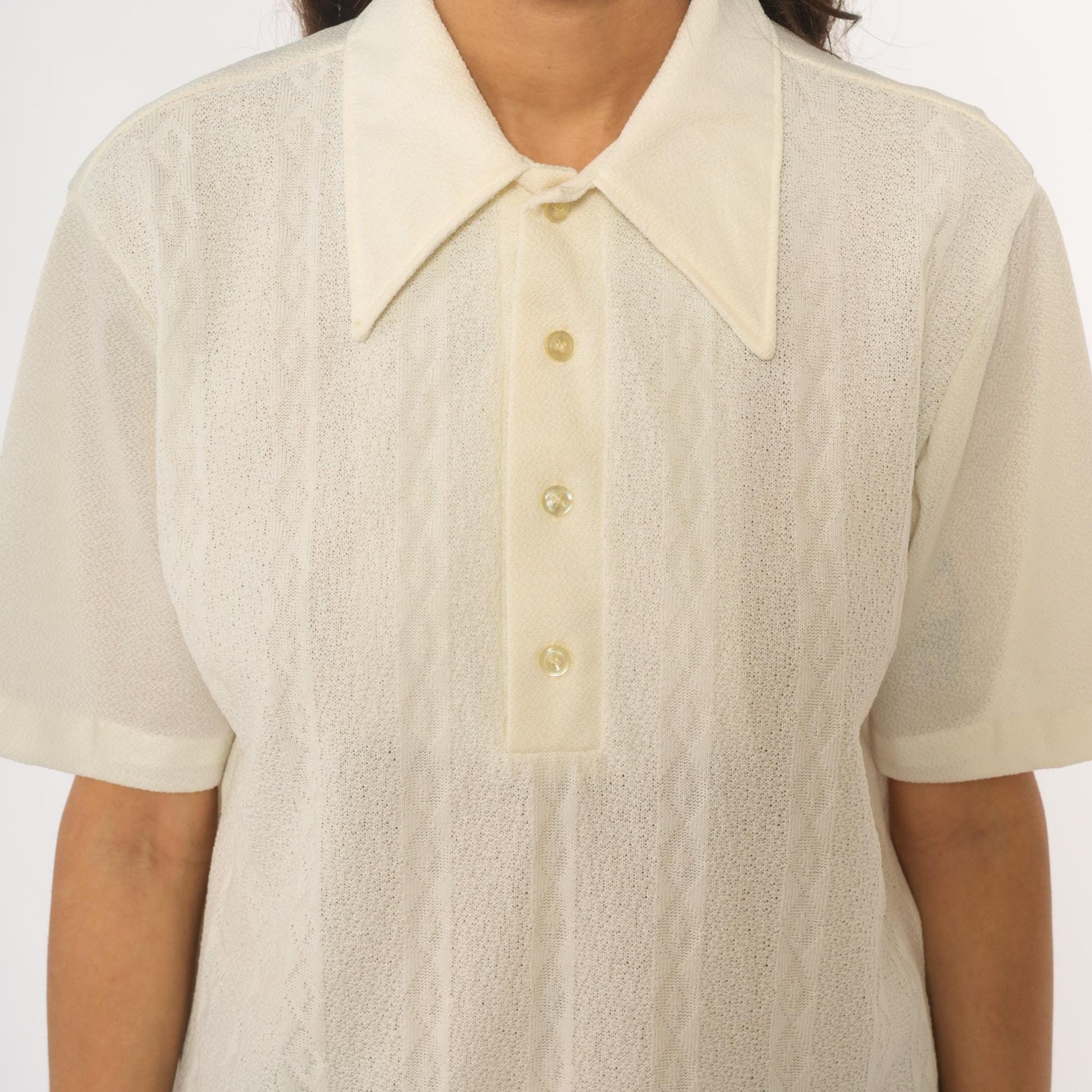 70s JC Penney Towncraft Cream Polo Blouse Pointed Collar Ribbed Large
