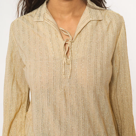 70s Judy Bond Gold Metallic Blouse Champagne Disco Collar Small