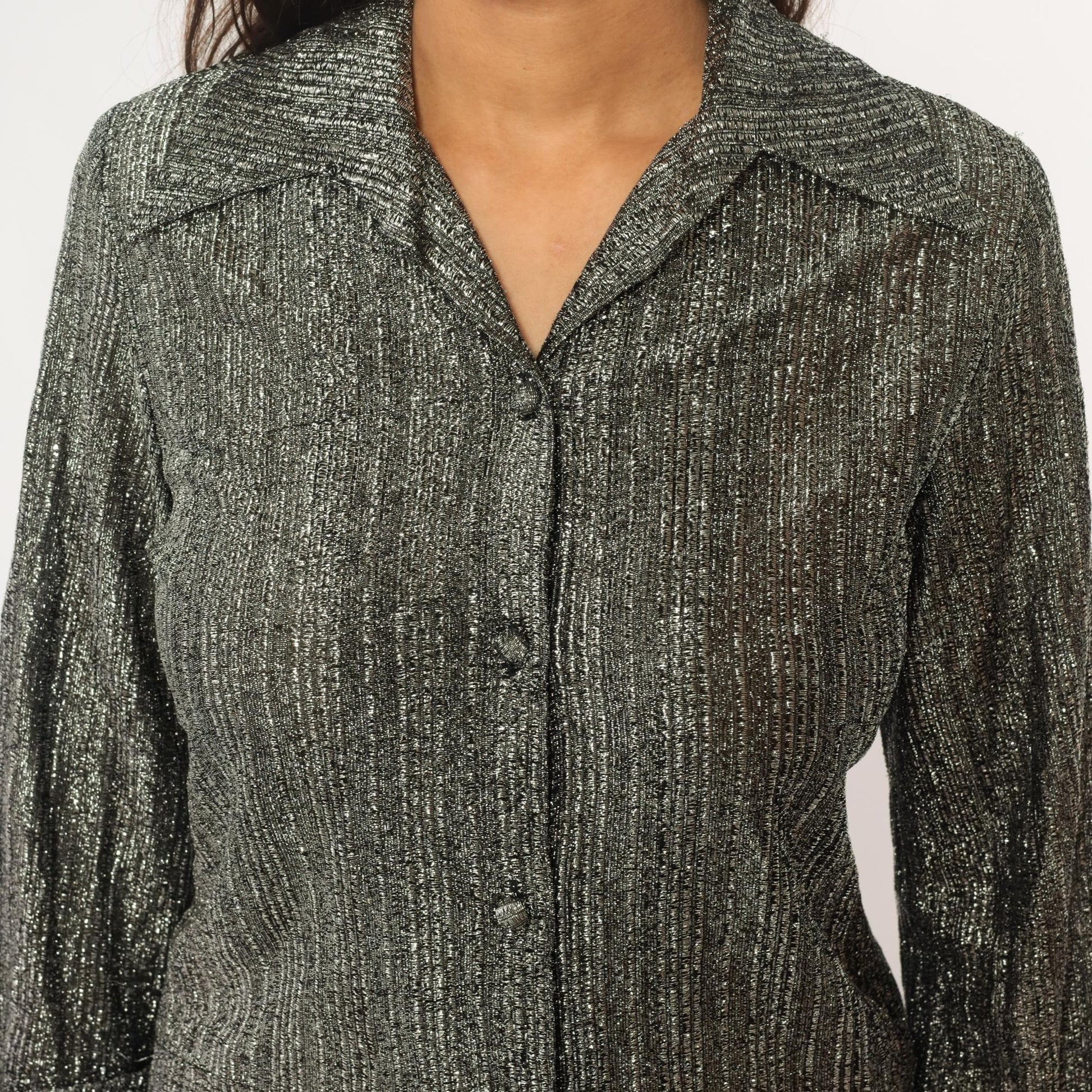 80s Ruth Walter Metallic Silver Blouse Pointed Collar Long Sleeve Small