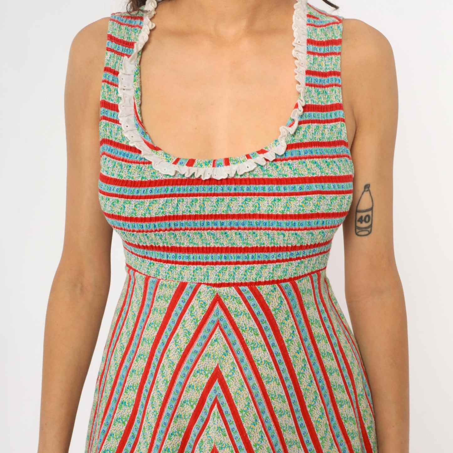 70s JC Penney Striped Chevron Prairie Dress Empire Waist Mint Small