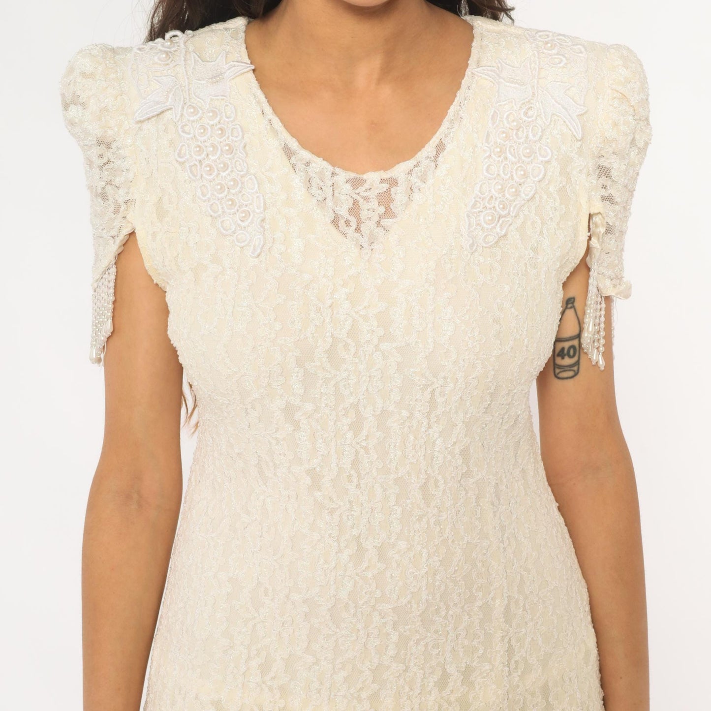 80s Cream Lace Puff Sleeve Dress Beaded Grape Detail Maxi Large L