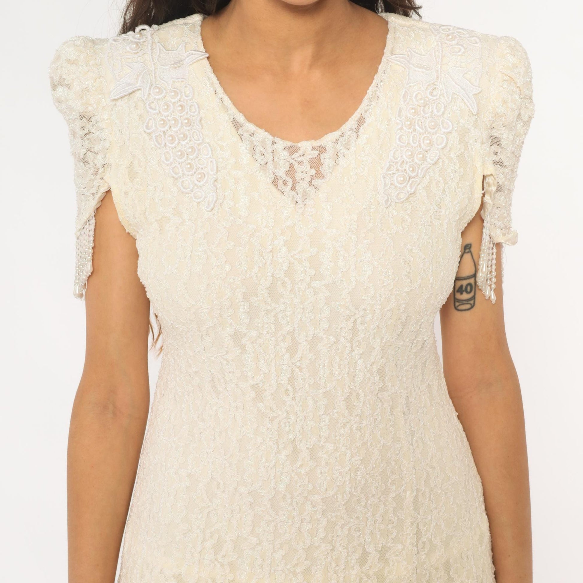 80s Cream Lace Puff Sleeve Dress Beaded Grape Detail Maxi Large L