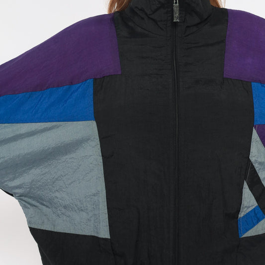 90s Colorblock Windbreaker Black Purple Blue Nylon Jacket Large L