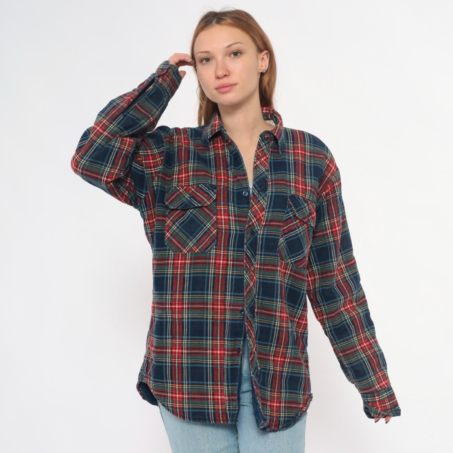 80s Timber Run Plaid Flannel Shirt Navy Red Green Tartan Quilted Medium